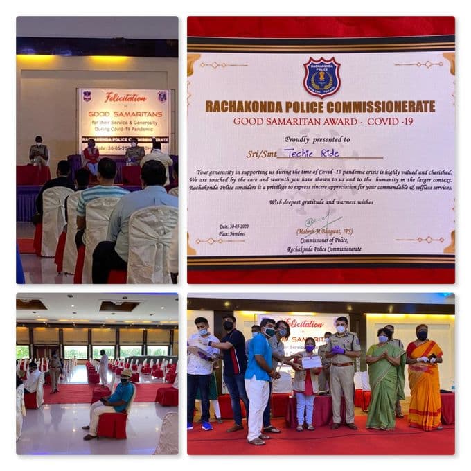 Rachakonda Police Commissionerate Good Samaritan Award certificate for COVID-19, presented to Techie Ride on 30 May 2020, with photographs of the felicitation ceremony