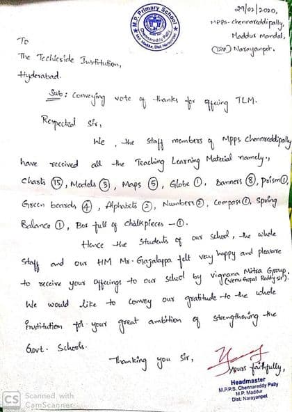 Letter from MPPS Chennareddipally itemising teaching and learning material received, dated 29 February 2020