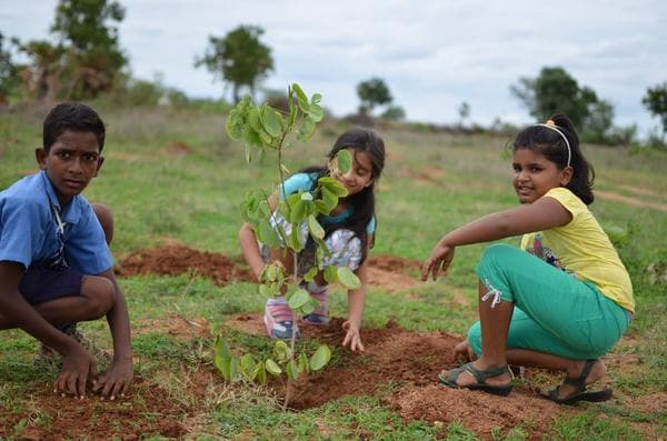 TechieRide volunteers planting a sapling in a school ground